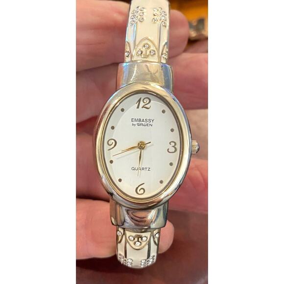 Women's 25mm Silver Tone Embassy by Gruen Watch, Enamel and Crystal Accents - Picture 1 of 4